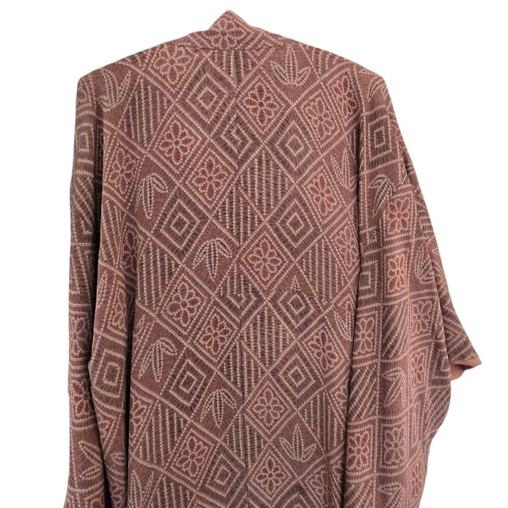 Vintage Brown & Ivory Kimono Robe Geometric Pattern & Open Front Fully Lined - Picture 7 of 8